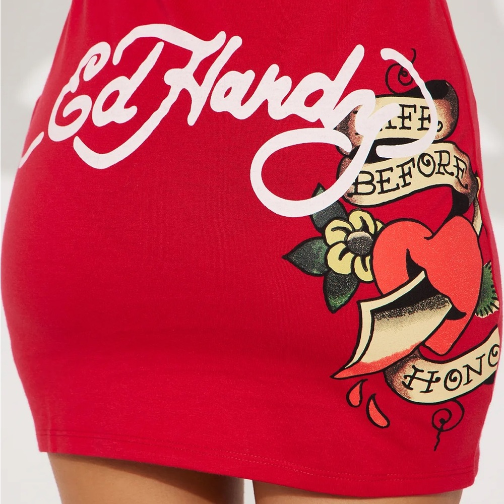•Life Before Dishonor• Ed Hardy Graphic T-Shirt Mini Dress in Red - Picture 4 of 4